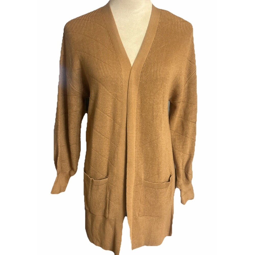 Maurices XS Long Open Front Pointelle Knit Tan Cardigan Ribbed Sweater Pocket